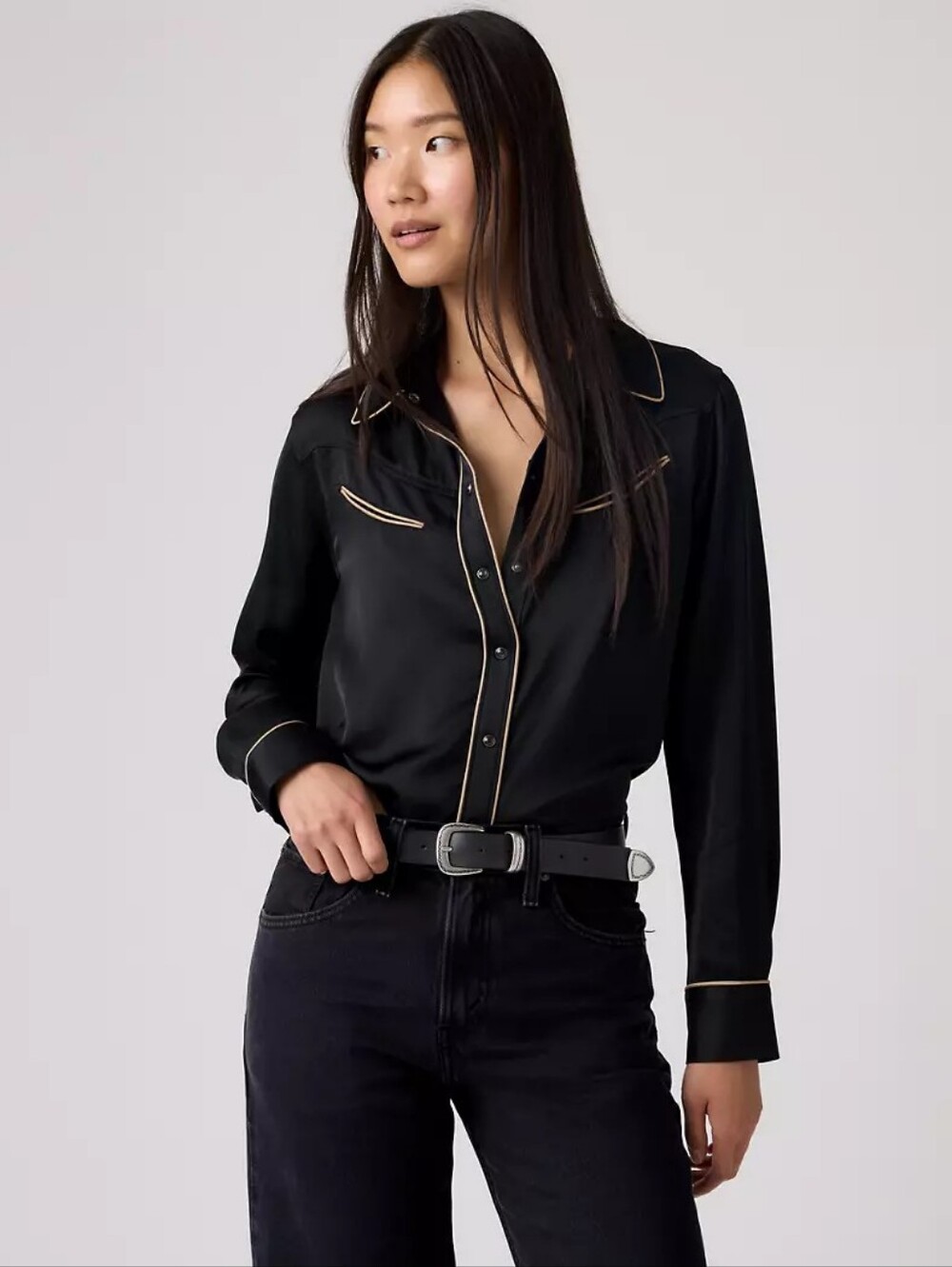 Levis Bradie Archival Satin Western Snap Shirt Black Retro Women’s Size Small